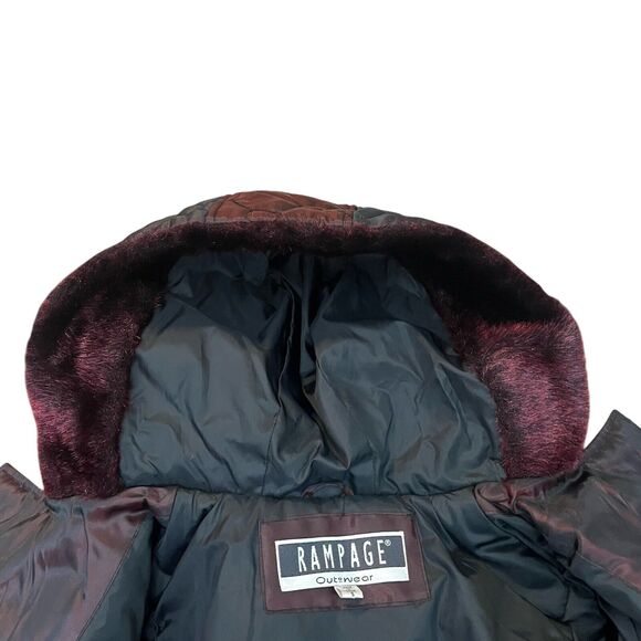 Y2K Rampage Quilted Puffer Jacket Hooded Faux Fur Trim Red Iridescent - Picture 6 of 9